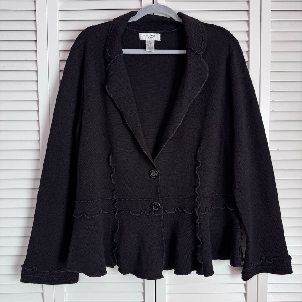 Nine West Black Wool Blend Sweater Cardigan Blazer Ruffle D Details Size 2X